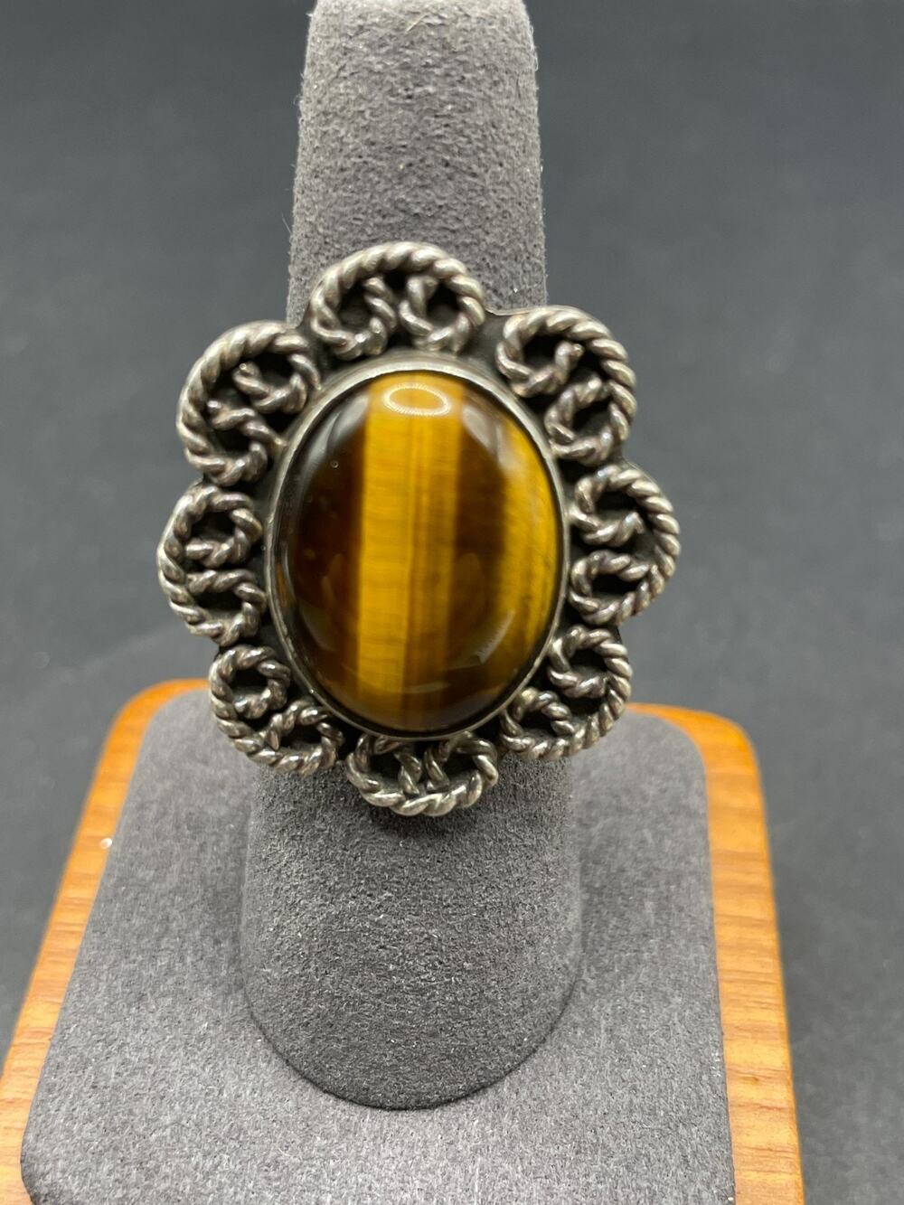 Vtg CII 925 Sterling Silver Tiger Eye Gemstone Women Flower Band Ring Sz 7